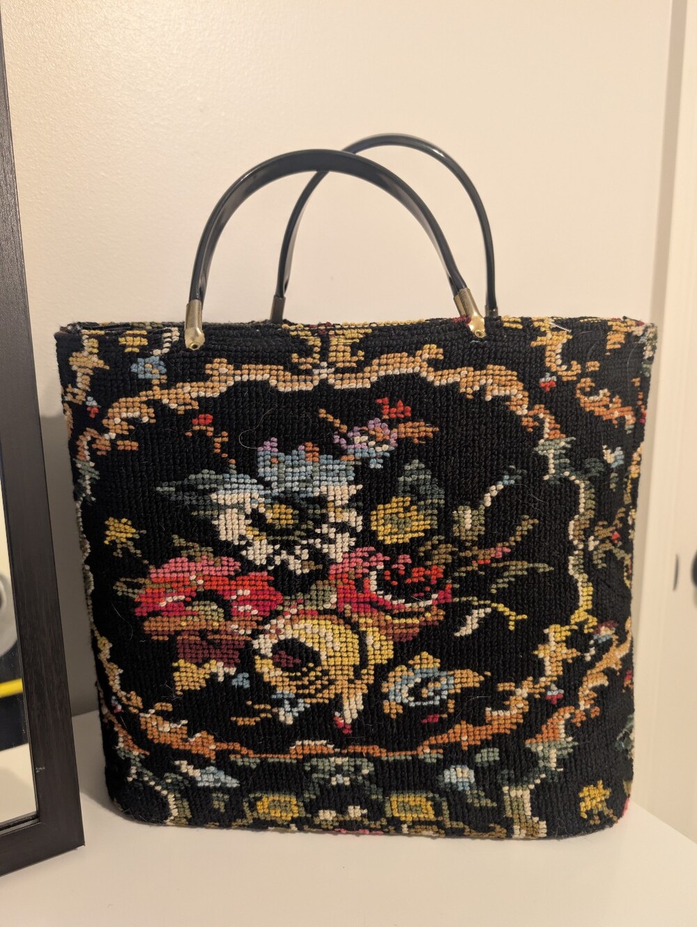 Vintage Needlepoint Floral Tapestry Carpet Bag Tote Black Structured Handbag